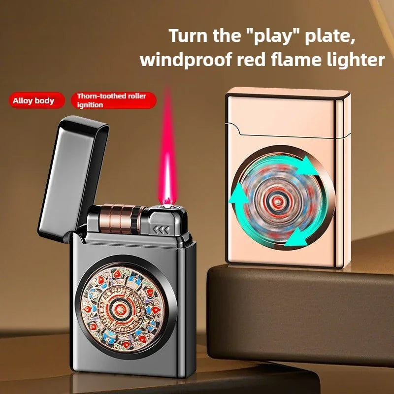 New Decompression Turntable Red Flame Windproof Inflatable Lighter, Rotatable and Playable, Metal Body, Roller Ignition