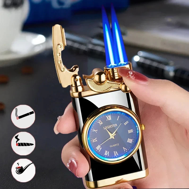 Windproof Gas Lighter Wrist Watch Cigar Lighter Outdoors Jet Double Fire Tube Lighters Gadgets for Men Cigarette Accessories
