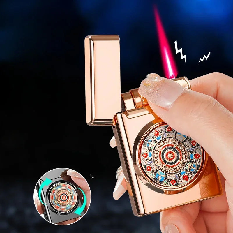 New Decompression Turntable Red Flame Windproof Inflatable Lighter, Rotatable and Playable, Metal Body, Roller Ignition